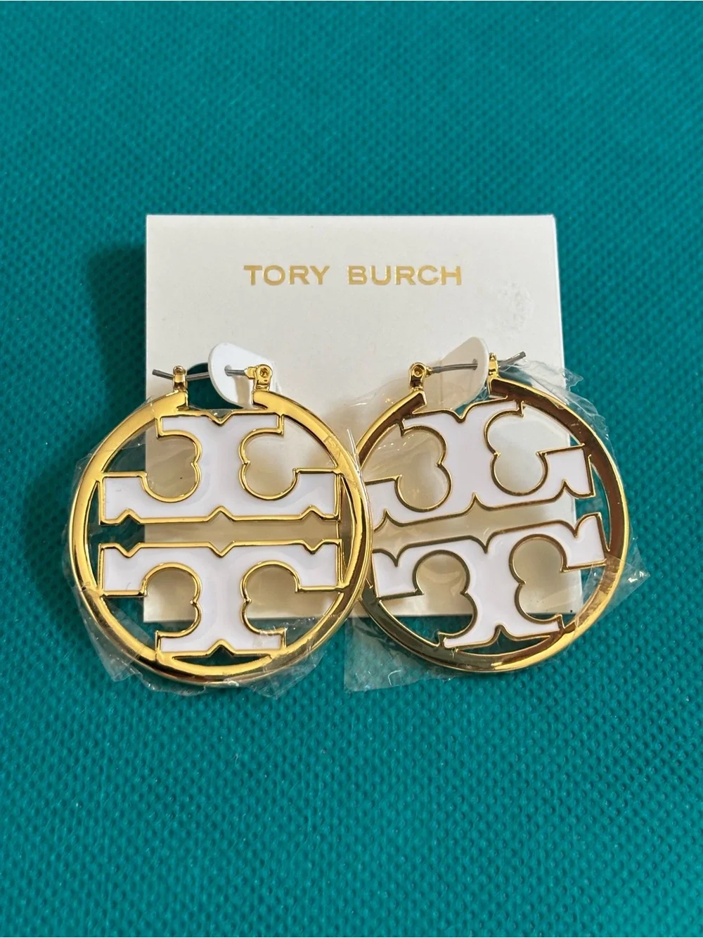 Tory Burch Gold and White Round Logo Drop Earrings